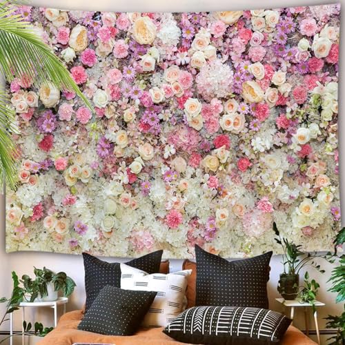 JAWO Pink Rose Floral Wall Tapestry, Aesthetic Floral Backdrop for Wedding Party Home Wall Decor, Romantic Pink Rose Flower Tapestry Wall Hanging for Bedroom Living Room Dorm Decor, 71x60 Inches - color: Floral, size: 71"L x 60"W