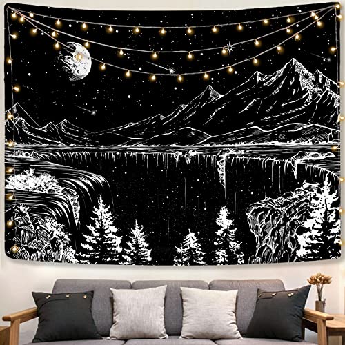 Zussun Black and White Tapestry Starry Night Mountain Tapestries for Bedroom Aesthetic Moon and Stars Tapastry's Wall Hanging Dark Nature Forest Wall Tapestry for Living Room Dorm (60'' × 44'') - color: Black, size: 60"L x 44"W