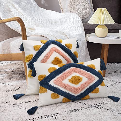 Merrycolor Boho Throw Pillow Covers Lumbar Decorative Throw Pillow Cover Tufted Woven Pillow Case Cushion Covers for Bed (1pc,12x20 Inches) - color: Blue and Pink, size: 20" x 12" (Pack of 1)