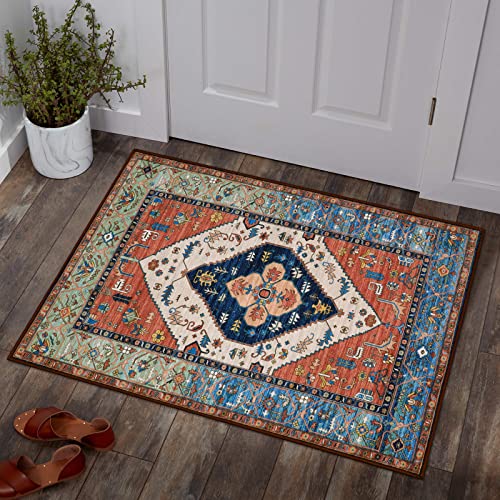 Lahome Boho 2x3 Washable Kitchen Rugs, Throw Non-Slip Backing Small Door Rug for Entryway Low-Profile Inside Door Mats, Oriental Indoor Doormat Carpet for Entrance Bathroom Laundry Living Room, Adelyn - color: Rust, size: 2' x 3' (Rectangular)