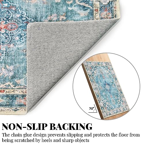 MUJOO Teal Area Rug Small Rugs Boho Machine Washable Rugs Non Slip for Entryway Kitchen Bathroom Bedroom Vintage Soft Low-Pile 2'x3' Blue Flowers Colorful - color: Teal, size: 2' x 3' (Rectangular)