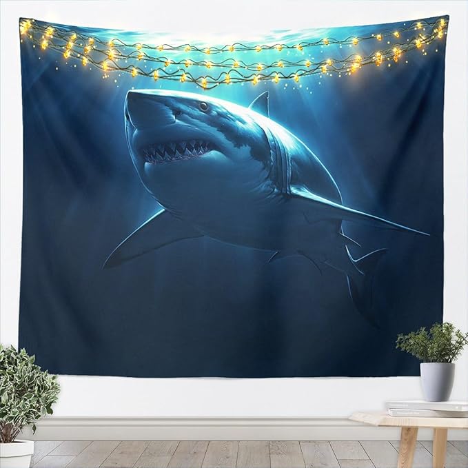 Erosebridal Shark Tapestry Scary Shark Wall Hangings Underwater World Oasis Tapestries Sea Animal Marine Theme Tapestry For Kids Boys Teens Men, Navy Blue Decor Medium 59x59