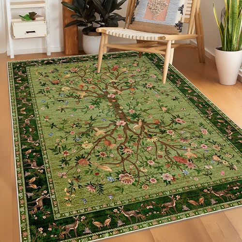 Green Area Rug 3x5 Washable, Non-Slip Small Rug Carpet, Floral Boho Low Pile Soft Throw Rugs for Entryway, Bedroom, Kids Room, Dorm, Office, Nursery, Vintage Home Decor - color: Green, size: 5' x 3' (Rectangular)
