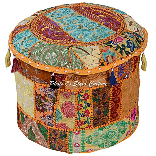Traditional Handmade Cotton Patchwork Embroidered Ottoman Stool Pouf Cover Floral Yellow Bean Bag 45 cm Fabric Seat Footstool Floor Cushion Ethnic Decor Bean Home - color: Mango Yellow