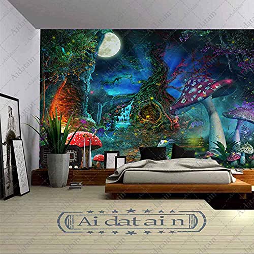 Aidatain Fantasy Mushroom Forest Tapestry for Teen Girl Magical Tree of Life House Full Moon Wall Hanging Fairy Tale World Tapestries Flannel Large Size 80" 60" Wall Decor Bedroom Living Room GTCCAT1 - color: Colorful