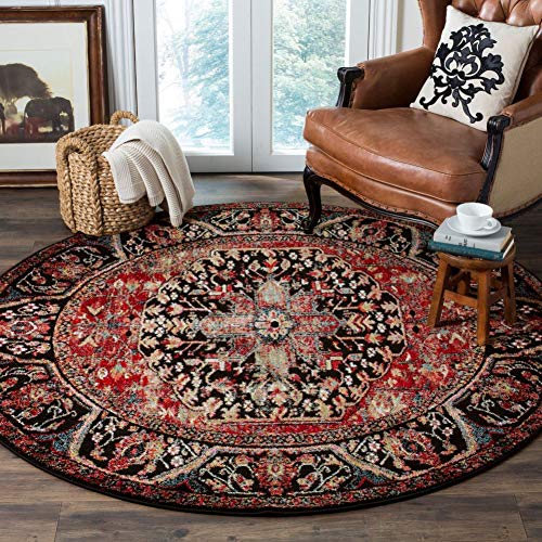SAFAVIEH Vintage Hamadan Collection Area Rug - 3' Round, Red & Multi, Oriental Traditional Persian Design, Non-Shedding & Easy Care, Ideal for High Traffic Areas in Living Room, Bedroom (VTH215A) - size: 3' (Round)