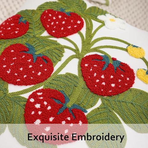 Embroidered Throw Pillow Covers 18x18 inch Pack of 2 Red Strawberry with Green Leaves Floral Pillowcases Farmhouse Pillow Cushion Cases Summer Home Decor for Sofa Bed Living Room - color: Red Strawberry