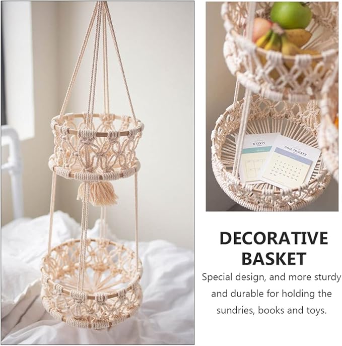 Alipis Macrame Plant Hanger Macrame Hanging Fruit Basket 2 Tier Woven Cotton Rope Storage Baskets Hanging Plant Holder for Vegetable Storage