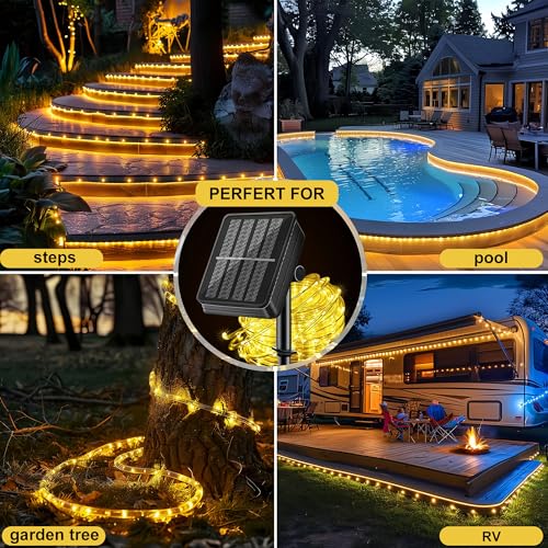 LairtPOW Solar Rope Lights with Remote for Tree Decor,72FT 200LEDs Outdoor Solar Strip Lights for Patio,IP67 Waterproof, USB Charging, Timing & 8 Modes Outdoor Fairy Light for Garden(Warm White) - color: Brighter-Warm White, size: 200 LED