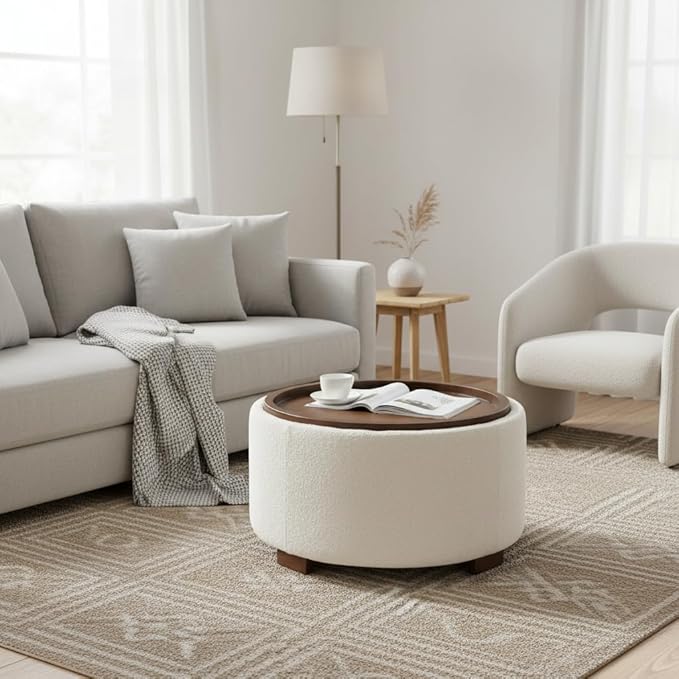 30 Inch Round Storage Ottoman Coffee Table, Modern Boucle Ottoman with Lift-Off Lid and Solid Wood Legs for Living Room, Bedroom, Corners, Apartments (Beige)