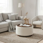 30 Inch Round Storage Ottoman Coffee Table, Modern Boucle Ottoman with Lift-Off Lid and Solid Wood Legs for Living Room, Bedroom, Corners, Apartments (Beige)
