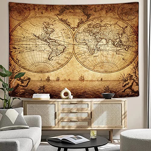 JAWO Old World Map Tapestry, Vintage Wanderlust Pirate Map Tapestry Wall Hanging for Bedroom, Historical Atlas Tapestries Poster Beach Blanket College Dorm Home Decor (90W X 70H) - size: 70"L x 90"W