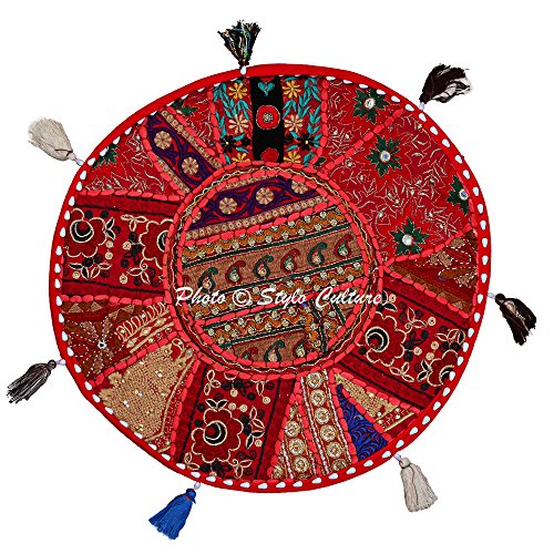 Ethnic Round Throw Pillows Vintage Patchwork Floor Cushion Cover Red Throw Pillow 18 Small Decorative Decor Seating Tuffet Seat Pouf Cover Footstool Cotton Embroidered 1 Pc - color: Red