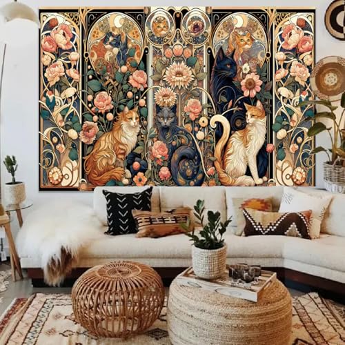 Apdidl Boho Floral Cute Wall Tapestry for Bedroom, Vintage Flower Cat Wall Hanging, Bohemian Style Orange and Black Cats Funny Tapestries, Animal Painting Art Poster for Girls Room Dorm Beach Decor (60" X 79") - color: Boho Wall Tapestry, size: 79"L x 60"