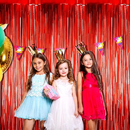 4 Pack Red Foil Fringe Curtain Backdrop, 3.28Ft x 8.2Ft Metallic Tinsel Foil Fringe Streamer for Party, Photo Booth Props, Birthday, 2022 Mother's Day Decoration Party Supplies - color: Red