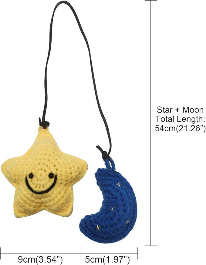 Car Rearview Mirror Hanging Ornament, Crochet Flower Basket Plant Accessories, Handmade Knitted Car Ornament Boho Accessories for Women (Star and Moon)