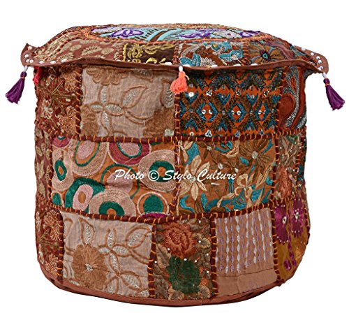 Bohemian Footstool Vintage Fabric Patchwork 18" Embroidered Ottoman Stool Pouf Cover Brown Floral Furniture Living Room Case Bean Bag Decor - color: Dark Brown