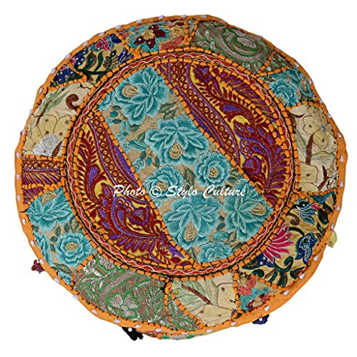 Traditional Handmade Cotton Patchwork Embroidered Ottoman Stool Pouf Cover Floral Yellow Bean Bag 45 cm Fabric Seat Footstool Floor Cushion Ethnic Decor Bean Home - color: Mango Yellow