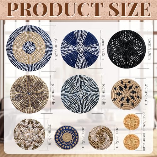 Tatuo 11 Pcs Boho Wall Basket Decor Bulrush Woven Wall Hanging Art Round Farmhouse Rustic Handmade Wicker for Summer Home, Bedroom, Living Room, Kitchen Decorations, Multi Sizes(Blue) - style: Blue