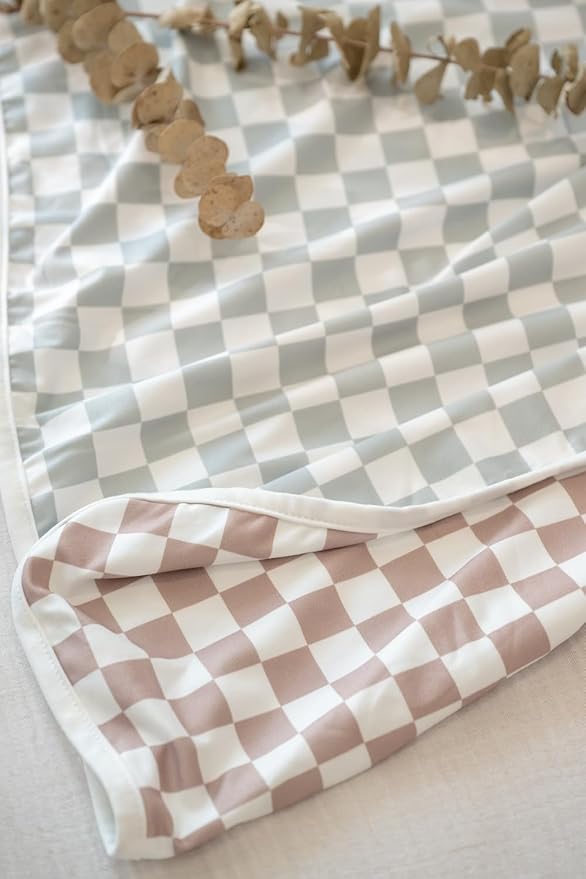 Little Jump 2- Layers Jersey Knitted Swaddle Blanket, Premium Baby Blanket,Soft Stretchy Quilt for Babies, Toddlers, Kids (Coffee & sage cherckered)