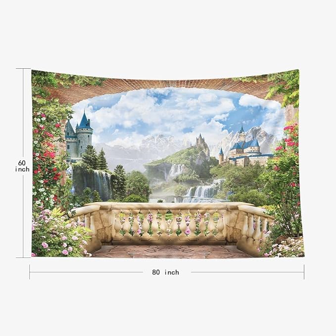 EMMTEEY Waterfall Tapestry - Colorful View from Balcony of Waterfalls With Castles - Dorm Wall Art 80X60 - Present for Families