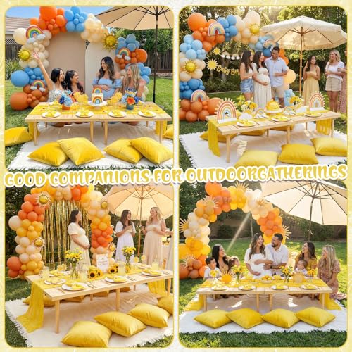 Beeveer 91 x 71 Extra Large Outdoor Boho Picnic Blanket with Yellow Table Runner, 6 Throw Pillow Covers 6 Napkins Woven Cotton Yarn Oversize Beach Blanket Washable Picnic Camp Wedding - color: Yellow