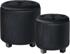 Big Round Ottoman with Storage Set of 2-Upholstered Velvet Vanity Stool for Makeup Multifunctional Foot Rest Coffee Table Padded Seat Tufted Ottomans for Living Room&Bedroom (Big Black)