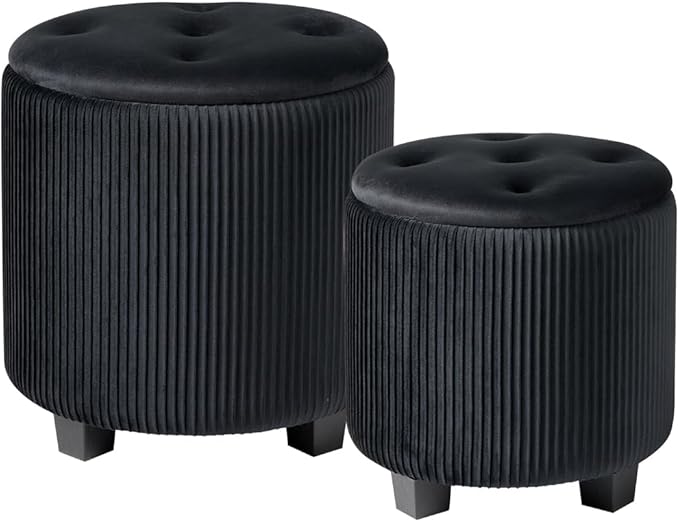 Big Round Ottoman with Storage Set of 2-Upholstered Velvet Vanity Stool for Makeup Multifunctional Foot Rest Coffee Table Padded Seat Tufted Ottomans for Living Room&Bedroom (Big Black)