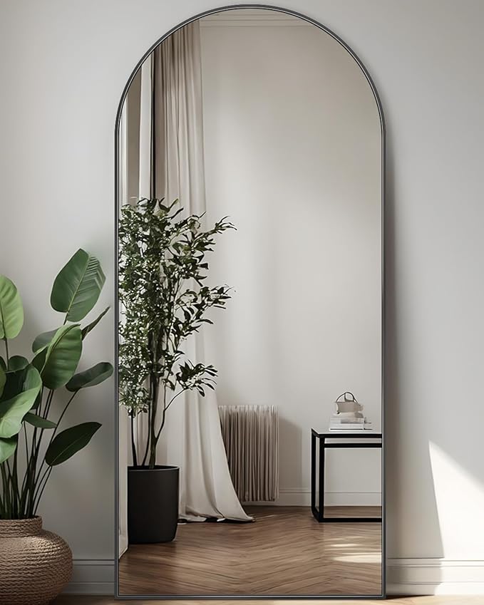 Antok 56" x15” Arched Full Length Floor Mirror, Black Aluminum Frame, Free Standing/Wall Mount/Leaning for Bedroom, Living Room, Dressing Room