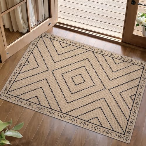 Tangsoo Easy Jute Rug 2x3 Outdoor Rug,Washable Non-Slip Rug for Entryway,Neutral Geometric Ultra Thin Indoor Carpet Farmhouse Throw Mat for Kitchen Bedroom Front Door Entrance - color: Black Diamond, size: 2x3ft
