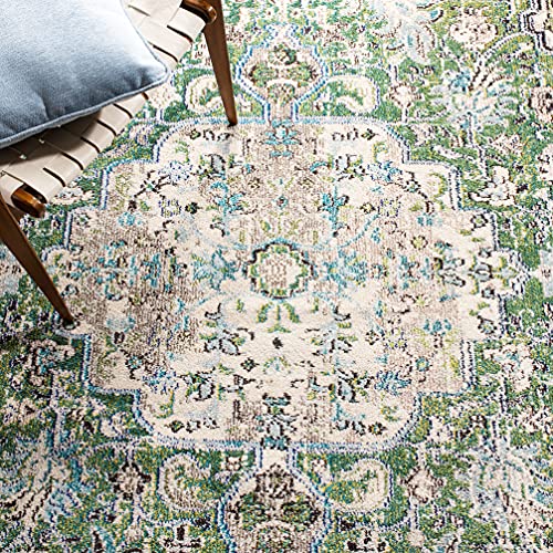 SAFAVIEH Madison Collection Area Rug - 3' Square, Green & Turquoise, Boho Chic Medallion Distressed Design, Non-Shedding & Easy Care, Ideal for High Traffic Areas in Living Room, Bedroom (MAD447Y) - color: Green/Turquoise, size: 3' x 3' (Square)