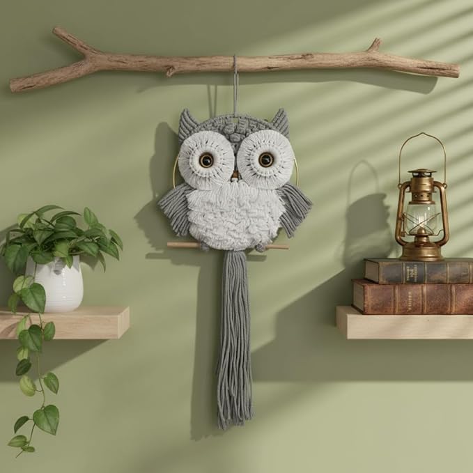ACEDSGN Macrame Owl Wall Hanging Boho Dream Catcher, Handmade Tapestry Fiber Art Wall Decor for Nursery Bedroom Living Room, Sustainable Gift for Owl Lovers & Nature Fans - Light Gray