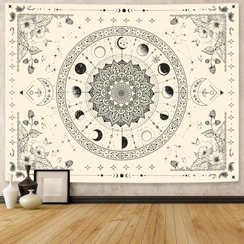 Lunerfex Mandala Moon Tapestry Boho Tapestry for Bedroom Black and White Tapestries Wall Hanging Living Room Wall Art and Home Decor 44x60 - color: Ivory, size: 60"L x 44"W