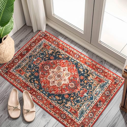 YJ.GWL Area Rug 2x3 Floral Vintage Rugs, Indoor Entrance Door Mat Small Washable Rugs, Non Slip Carpet for Living Room Entryway Kitchen, Orange-Red - color: Orange-red, size: 2' x 3' (Rectangular)