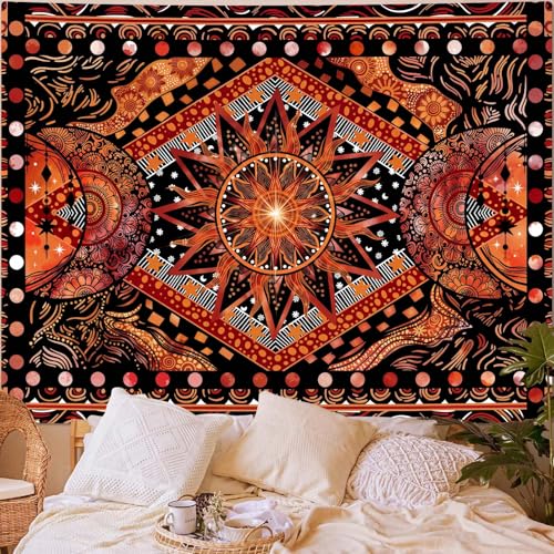 Rexful Orange Sun Star Mandala Tapestry Wall Hanging Indie Hippie Bohemian Wall Tapestries Aesthetic Tapestry for Bedroom Living Room Dorm (Red 2, 60''×44'') - color: Red 2, size: 60''×44''