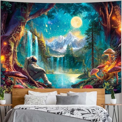 Zussun Mushroom Forest Tapestry Astronaut Nature Waterfull Snow Mountain Tapestry for Bedroom Aesthetic Fairy Moon Landscape Small Tapestries Wall Hanging for Dorm Living Room Decor 60 x 44 Inch - color: Cold Green, size: 60"L x 44"W