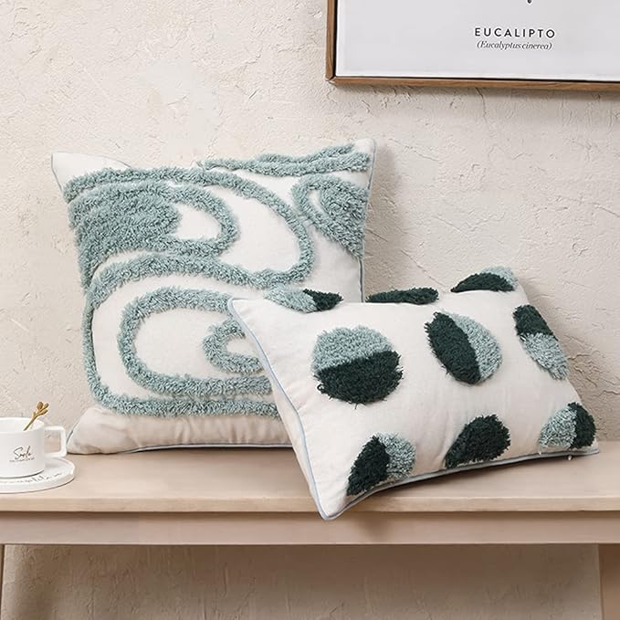 vctops Geometric Gradient Tufted Decorative Throw Pillow Cover Boho Cotton Rectangle Cushion Cover for Couch Sofa Bed (Green B,12"x20")