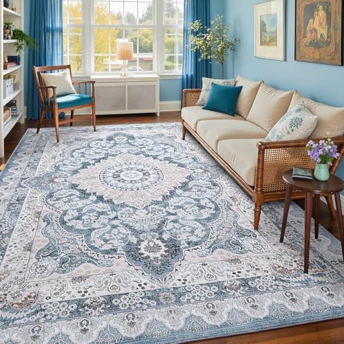 Macgace 5x7 Area Rug for Bedroom, Machine Washable Rugs with Non-Slip Backing for Living Room, Soft Vintage Carpet Kitchen Laundry Kids Room Decor, Blue & Beige - color: Blue & Beige, size: 5' x 7' (Rectangular)