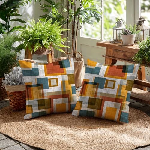 Retro Geometric Color Block Throw Pillow Covers 18x18 Inch, Set of 2 | Mid-Century Modern Square Cushion Cases for Couch Sofa Bedroom | 70s Vintage Home Decor, Decorative Pillowcases - color: Retro Geometric