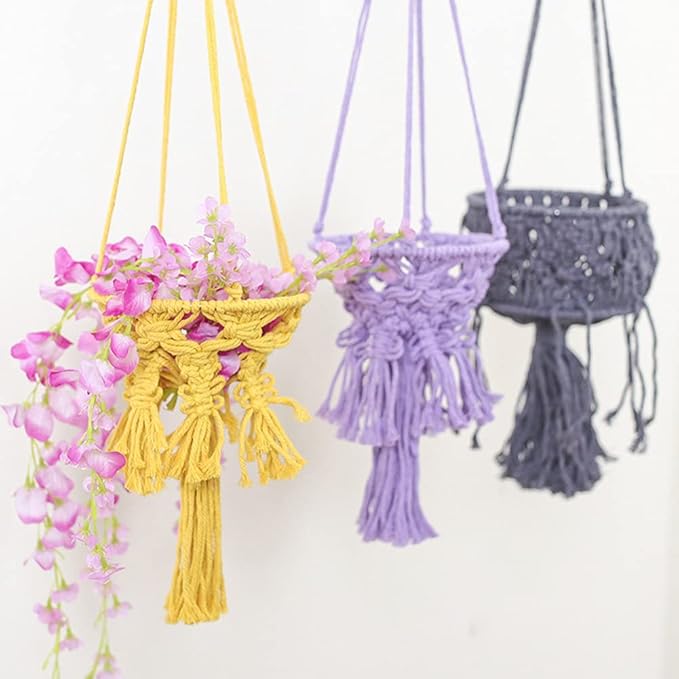 Macrame Plant Hangers with Tassels Indoor Hanging Planters Basket Handmade Cotton Rope Flower Pots Holder Stand Boho Home Decor Outdoor Decorations Round White