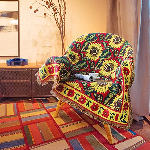 Red Sunflower Throw Blanket with Fringe Boho Throw Blankets Recliner Chair Couch Sofa Cover Woven Reversible Cotton Bohemian Tapestry Hippie Room Home Decor Double Side 50"x70" - color: Red Sunflower, size: 50x70inch