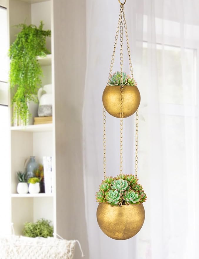 Gold Metal Hanging Planters for Indoor Plants - Round Wall Hanging Baskets with Hook & Chain & Drainage Hole Farmhouse Rustic Garden Rustproof Vintage Flower Pot for Wall Ceiling Plant Hanger Outdoor