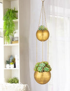 Gold Metal Hanging Planters for Indoor Plants - Round Wall Hanging Baskets with Hook & Chain & Drainage Hole Farmhouse Rustic Garden Rustproof Vintage Flower Pot for Wall Ceiling Plant Hanger Outdoor