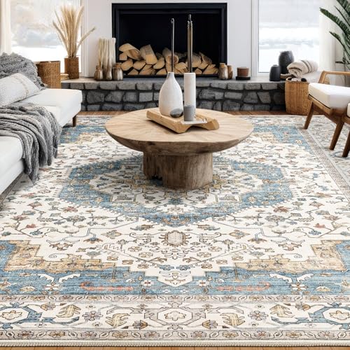 8x11 Area Rugs for Living Room - Large Carpet Ultra Thin Soft Washable Oriental Vintage Floral Distressed Rug Big Indoor Carpets for Bedroom Nursery Dorm Home Decor Aesthetic - Blue/Beige - color: Blue/Beige, size: 8' x 11' (Rectangular)