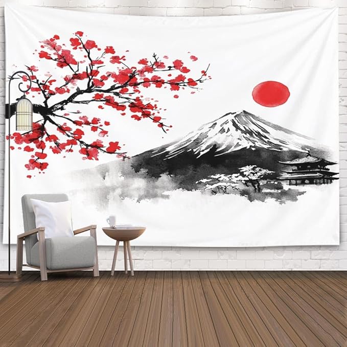 EMMTEEY Mountain Tapestry Modern Wall Decor Big 80X60 Inch-Ink Red Flowers and Fuji Mountain Durable Tapestry for Bedroom