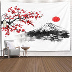 EMMTEEY Mountain Tapestry Wall Art for Bedroom 60X50 Inch-Ink Red Flowers and Fuji Mountain Durable Hanging Tapestry for Living Room