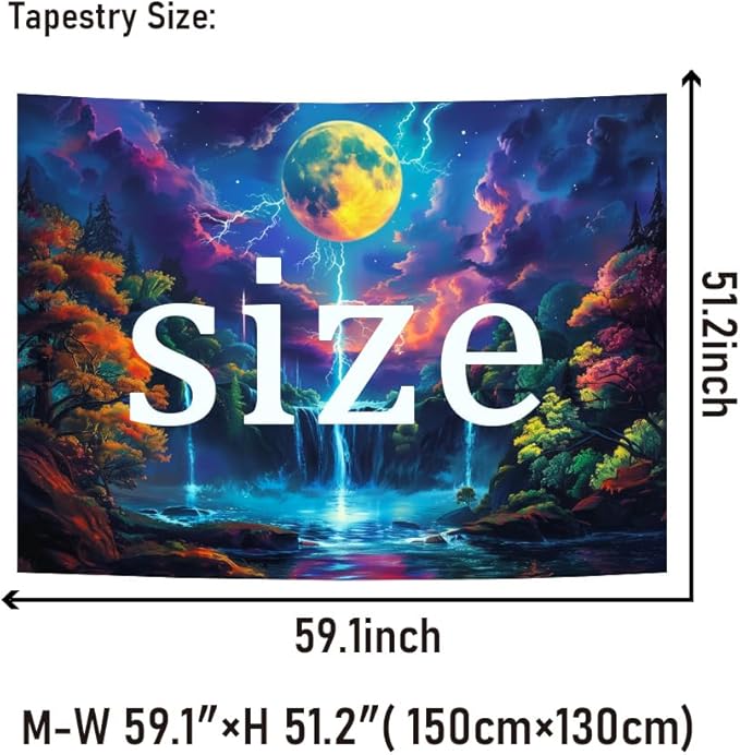Heopapin Blacklight Tapestry Fantasy Moon Lightning Tapestries UV Reactive Tapestry Magic Waterfall Forest Landscape Tapestries Wall Hanging for Bedroom L59×W51