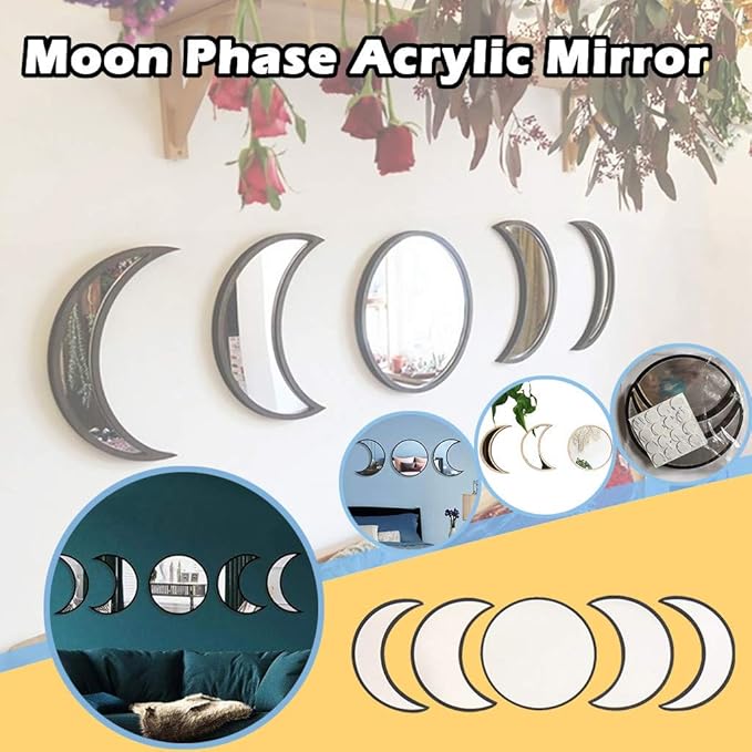 5 Pieces Scandinavian Natural Decor Acrylic Wall Decorative Interior Design Wooden Moon Phase Mirror Bohemian Wall Decoration for Home Living Room Bedroom - Not Real Mirror(Black)