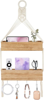 Mkono Macrame Hanging Shelf for Bedside Shelf Organizer with Hooks, Boho Wall Decor Cute Wood Floating Shelves for Girls Bedroom Dorm Nursery, Wall Storage for Phone, Remote, Earphone, Accessories