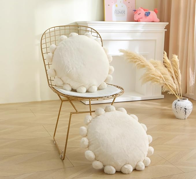 Round Pom Pom Floor Cushion–Soft Faux Rabbit Fur Floor Pillow for Adults & Kids,16" Plush Decorative Cushion Boho Throw Pillows for Living Room,Bedroom, or Bay Window–Ivory
